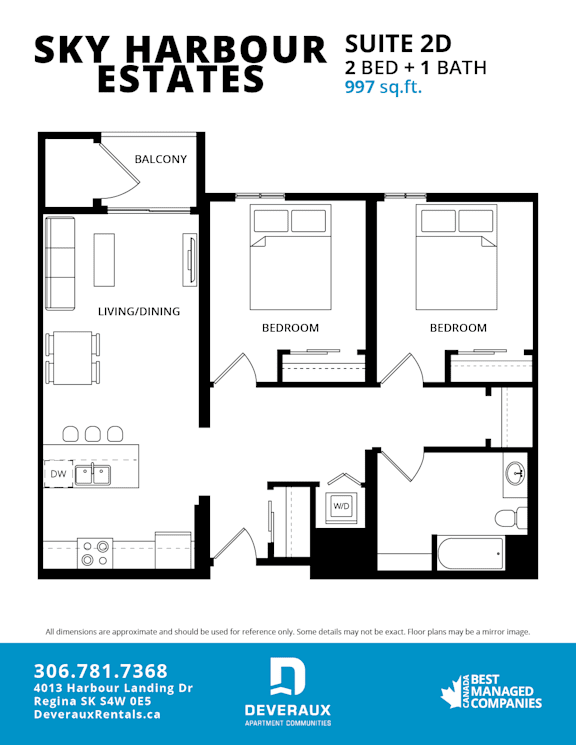 A floor plan for the Sky Harbour Suite 2D, a 2 bedroom, 1 bathroom apartment sized at 997 sq.ft.
