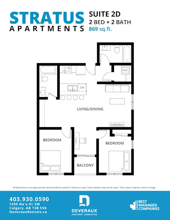 A floor plan for a suite with two bedrooms and two bathrooms at Stratus Apartments.