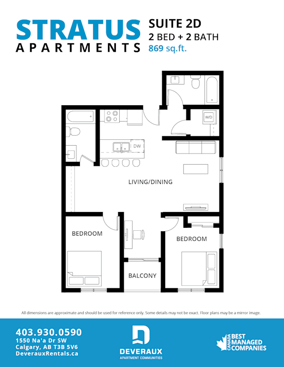 A floor plan for a 2 bedroom apartment with 2 bathrooms sized at 869 sq.ft.