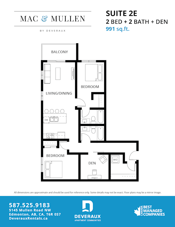A floor plan for a 2 bedroom, 2 bathroom suite at Mac & Mullen by Deveraux.
