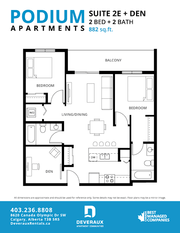 Suite 2E + DEN Floor Plan at Podium Apartments, Calgary, T2E 7J2