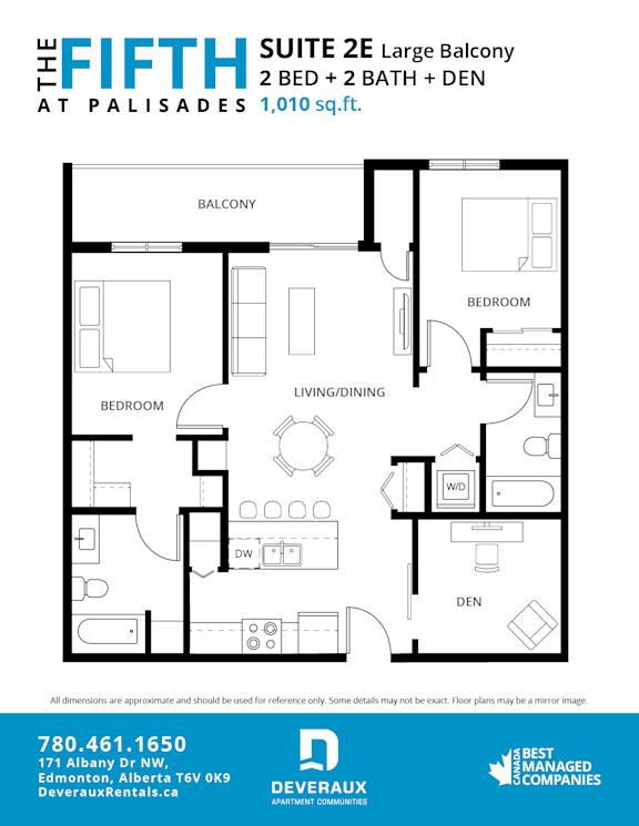 A floor plan for a suite at Palisades showing a balcony, two bedrooms, a living/dining area, a den, a WC, and a laundry facility.