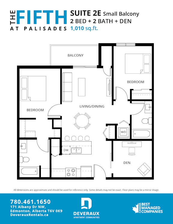 A floor plan for a suite at Palisades showing a balcony, two bedrooms, a living/dining area, a den, a full bath, and a laundry room.