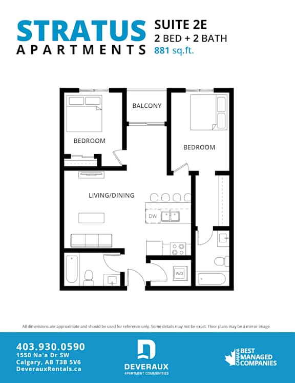 A black and white image of a floor plan for a 2 bedroom, 2 bath apartment.