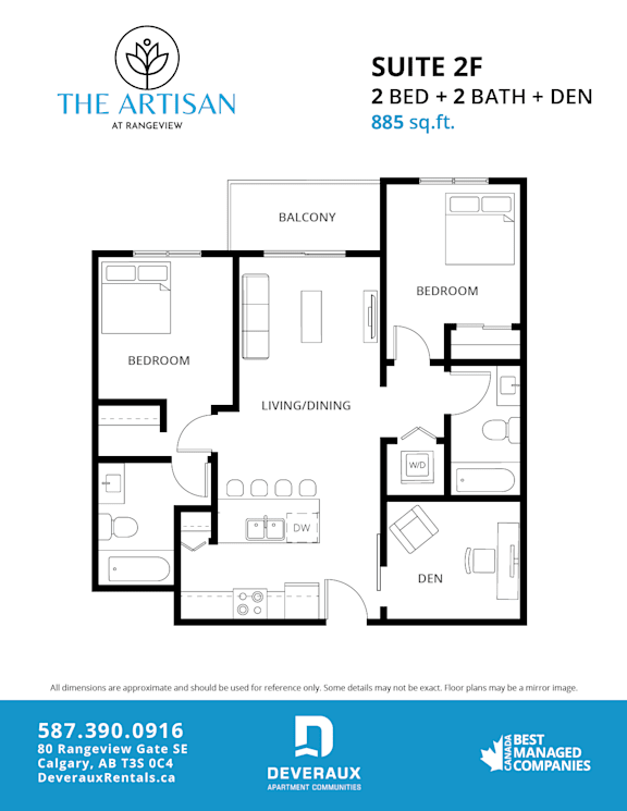 A floor plan for a 2 bedroom, 2 bathroom suite at The Artisan at Rangeview.