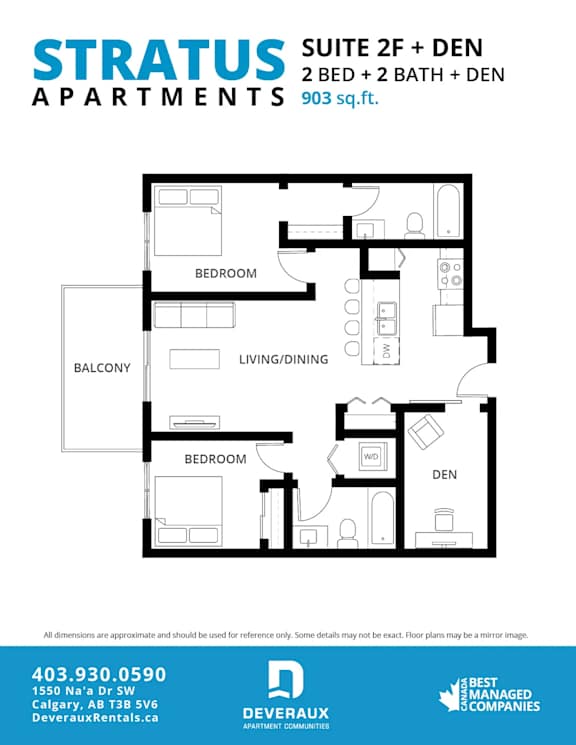 A floor plan for a suite with two beds and a den.