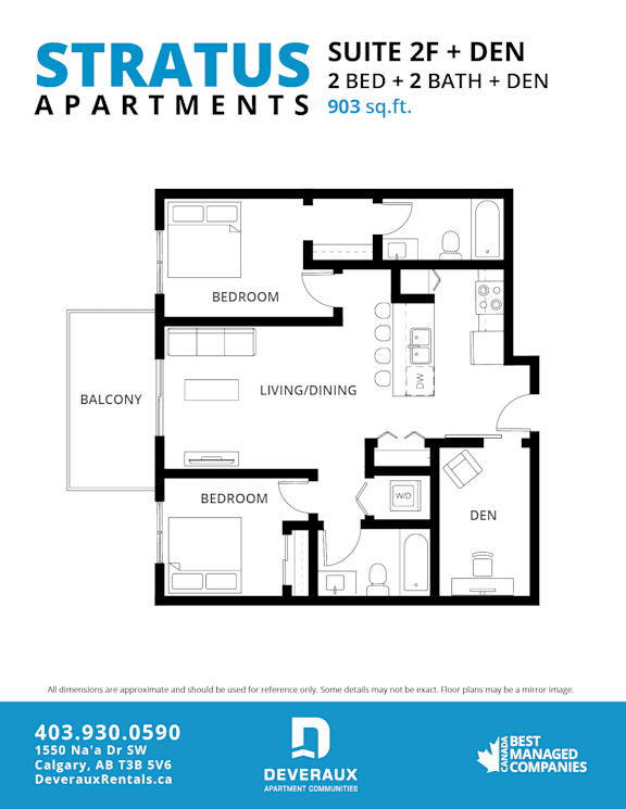 A floor plan for a suite with two beds and a den.