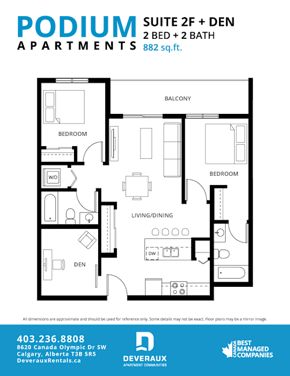 Suite 2F + DEN Floor Plan at Podium Apartments, Calgary, AB, T2E 7J2