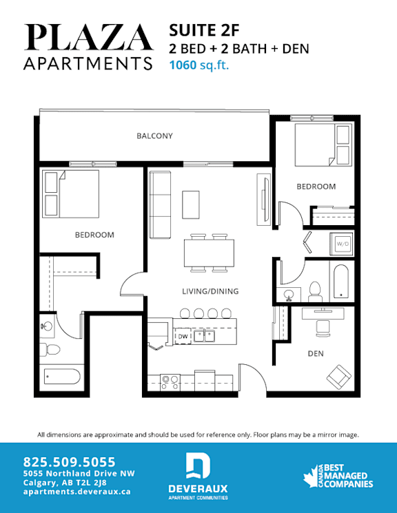 Suite 2f floor plan 2 bed 2 bath den at Plaza Apartments, Calgary