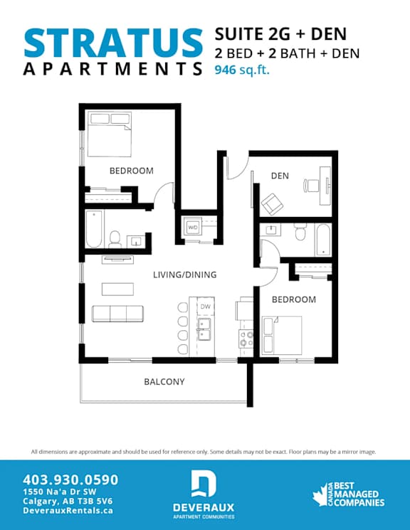 A floor plan for a suite with two bedrooms and a den.