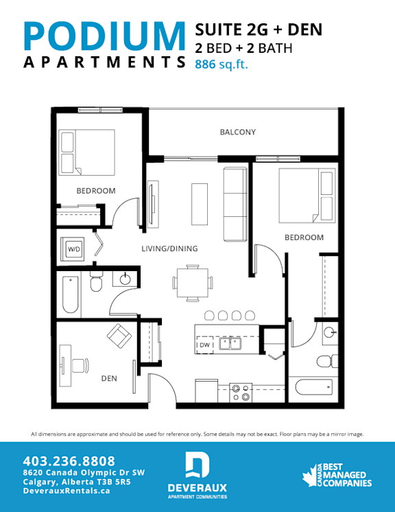 Suite 2G + DEN Floor Plan at Podium Apartments, Calgary, AB