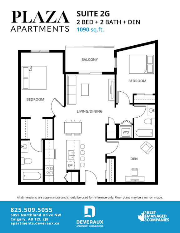 Suite 2g floor plan 2 bed 2 bath den at Plaza Apartments, Alberta