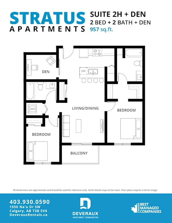 A floor plan for a suite with two beds and two baths at Stratus Apartments.