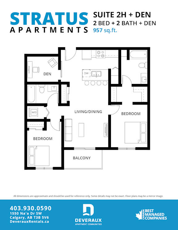 A floor plan for a suite with two beds and a den.