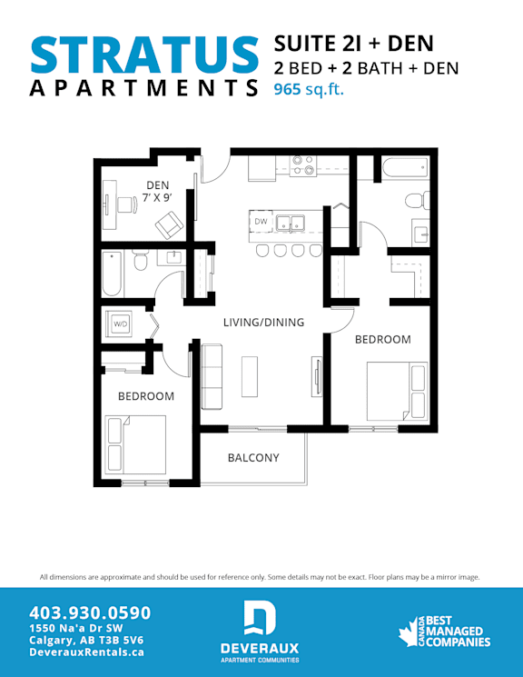 A floor plan for a suite with two bedrooms and a den.
