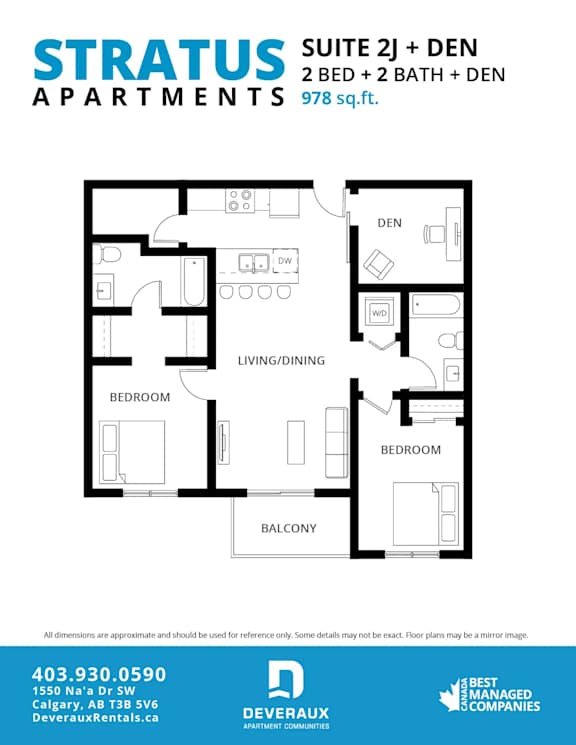A floor plan for a suite and den apartment with two bedrooms and two bathrooms.
