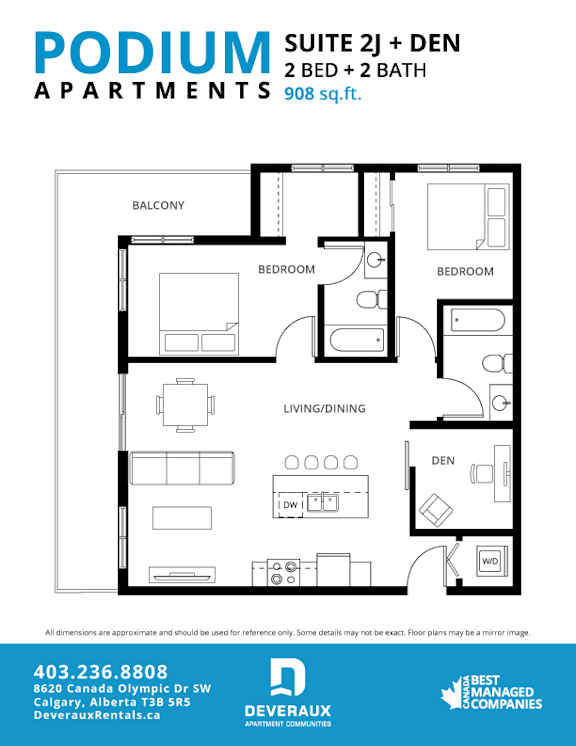 Suite 2J + DEN Floor Plan at Podium Apartments, Calgary, AB