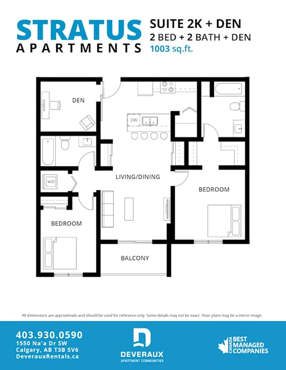 A floor plan for a suite with two beds and a den.