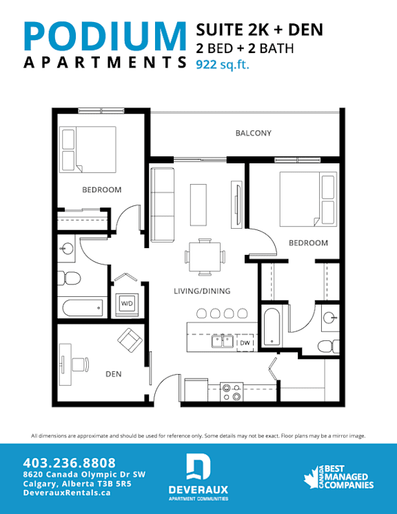 Suite 2K + DEN Floor Plan at Podium Apartments, Calgary, AB, T2E 7J2