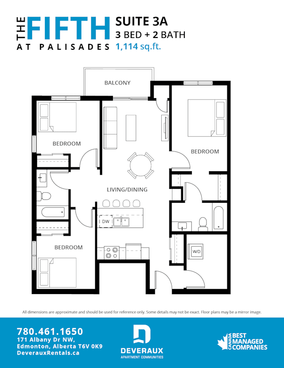 A floor plan of a three bedroom, two bathroom suite at Palisades.