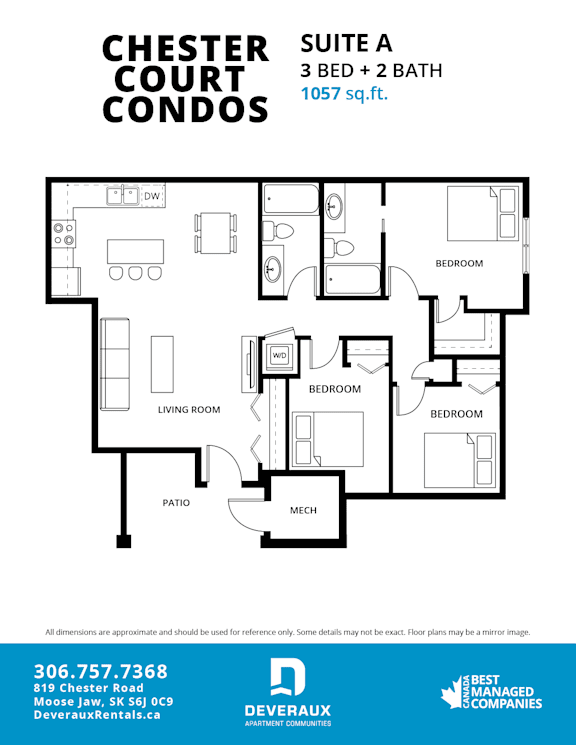 A floor plan for a 3 bedroom, 2 bathroom suite at the Chester Court Condos.