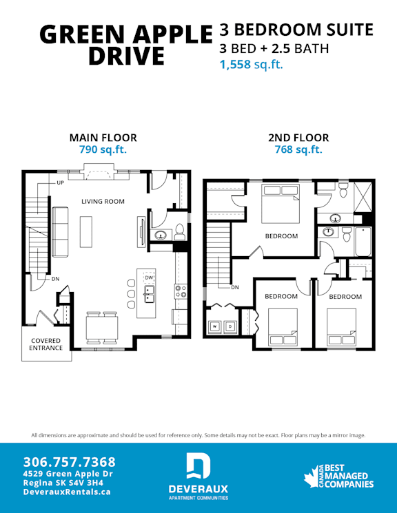 A floor plan for a 3 bedroom suite at Green Apple Drive.