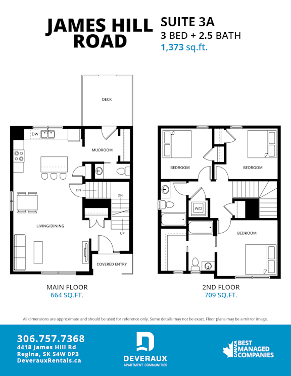A floor plan for a 3 bedroom, 2.5 bathroom apartment at James Hill Road.