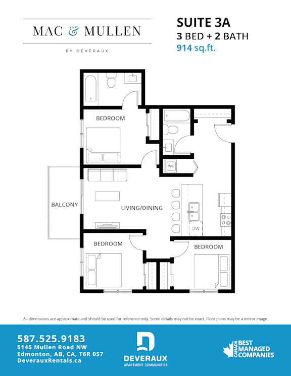 A floor plan for a 3 bedroom, 2 bathroom suite at Mac & Mullen by Deveraux.
