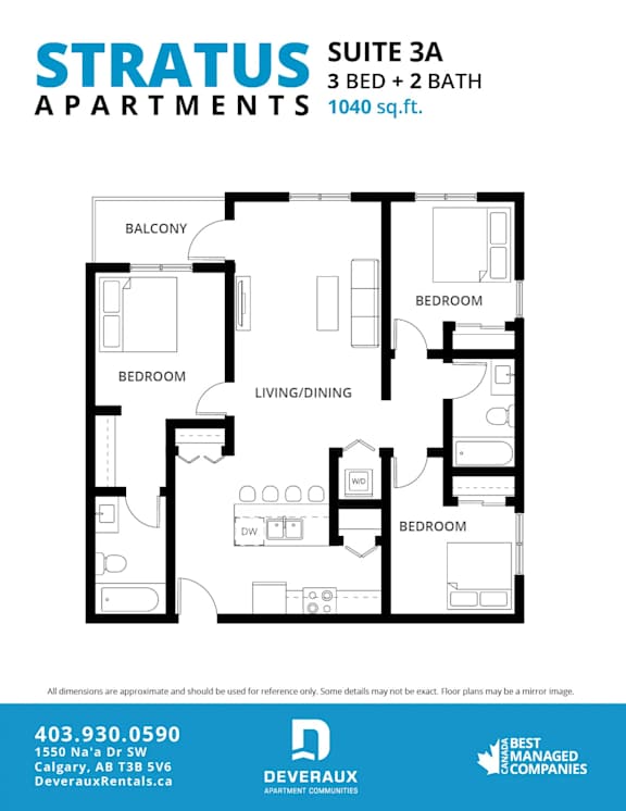 A floor plan for a 3 bedroom, 2 bathroom apartment with a living/dining area.