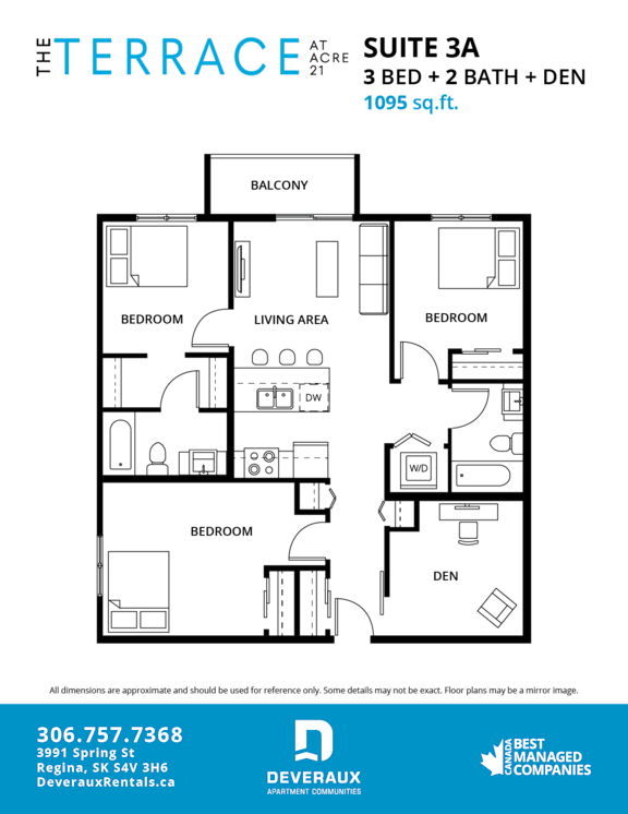 A floor plan for a 3 bedroom suite with a den and 2 bathrooms at Terrace on 21st.
