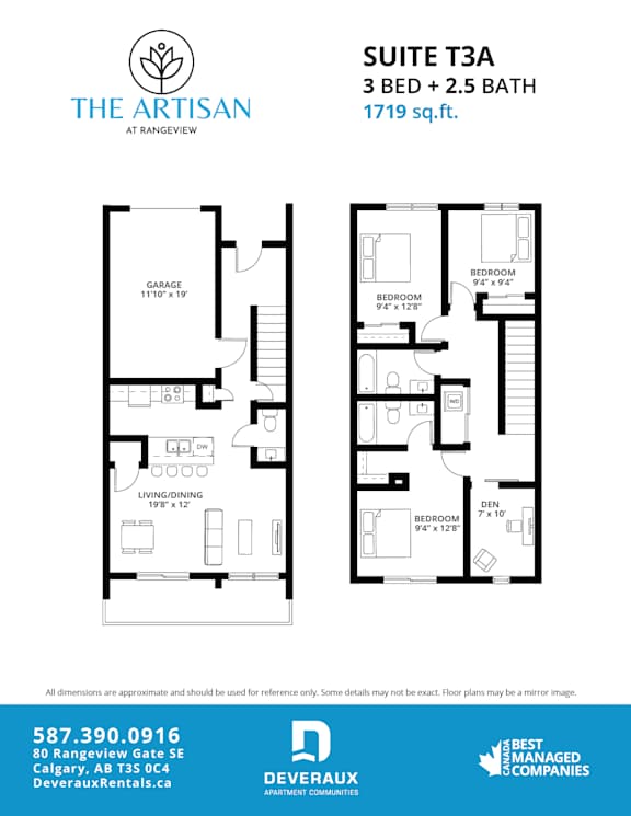 A floor plan for a 3 bedroom, 2.5 bath suite at Rangeview.