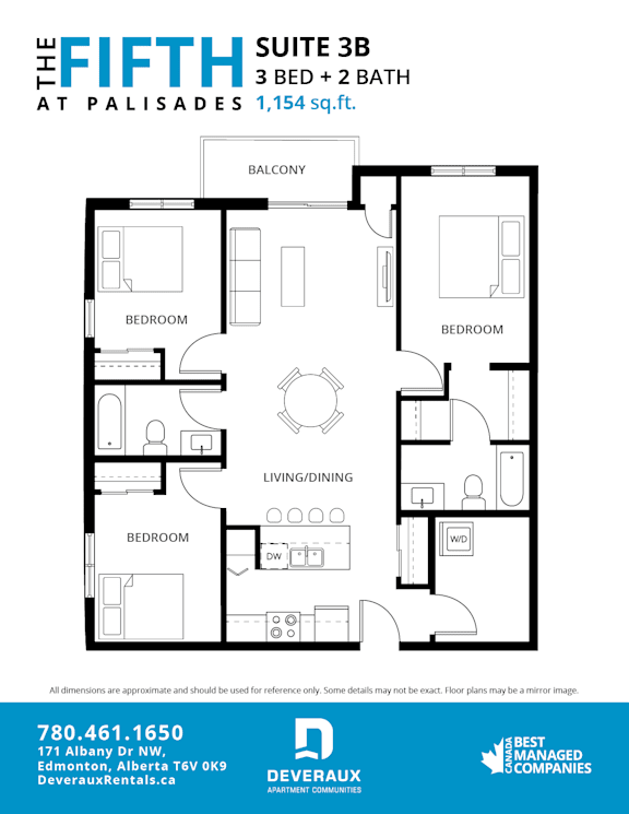 A floor plan for a suite at Palisades shows a balcony, living/dining area, and three bedrooms.