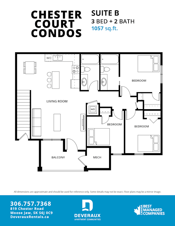 A floor plan for a 3 bedroom, 2 bathroom suite at the Chester Court Condos.