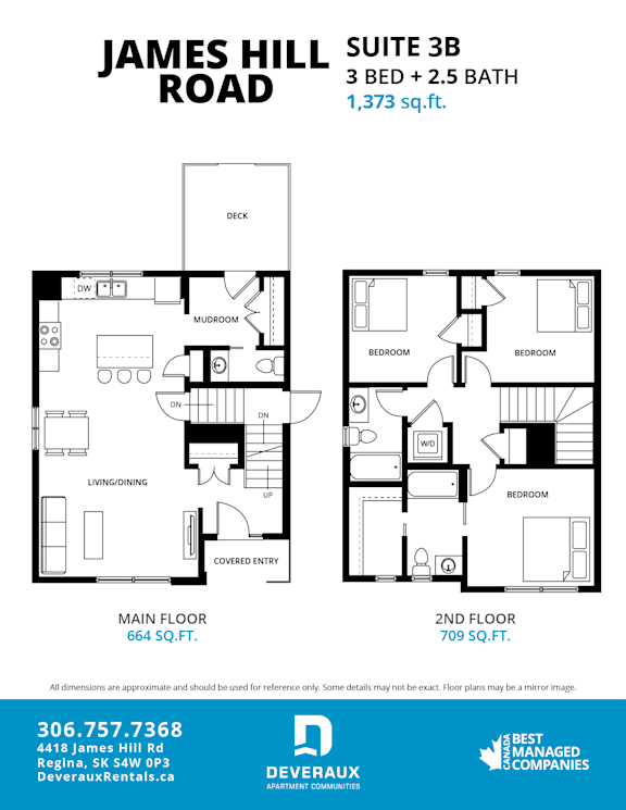 A floor plan for a 3 bedroom, 2.5 bathroom apartment at James Hill Road.