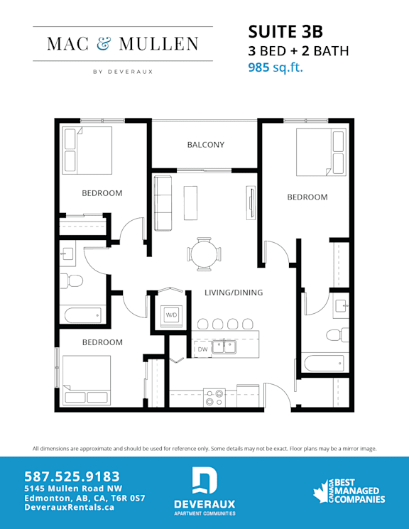A floor plan for a 3 bedroom, 2 bathroom suite by Mac & Mullen.