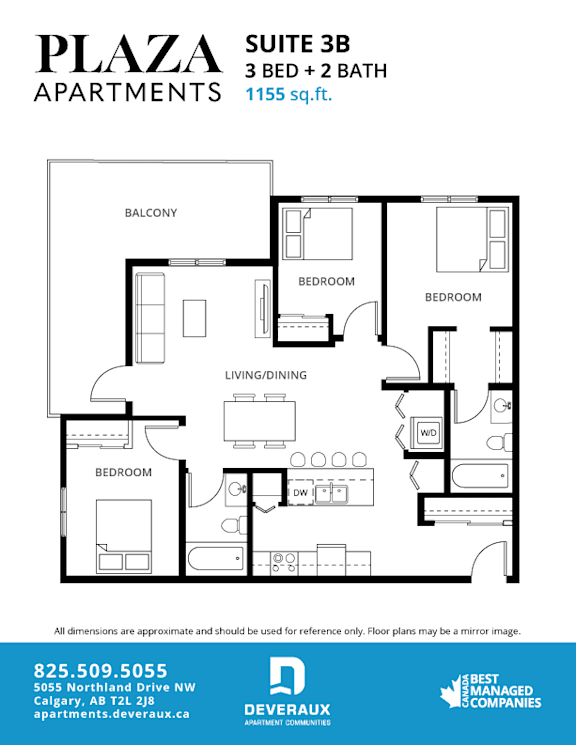 Suite 3b floor plan 3 bed 2 bath at Plaza Apartments, Calgary, AB
