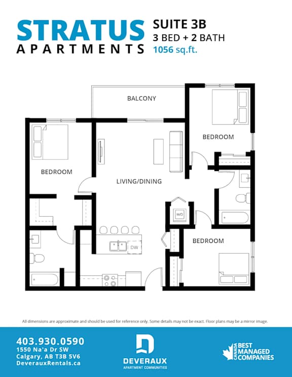 A floor plan for a 3 bedroom apartment with 2 bathrooms and a living/dining area.