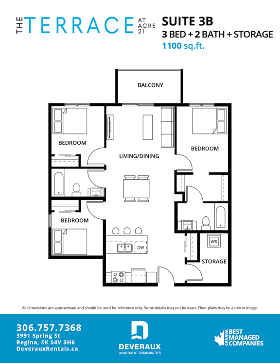 A floor plan for a suite at Terrace Acre shows a living/dining area, three bedrooms, a bathroom, and storage.