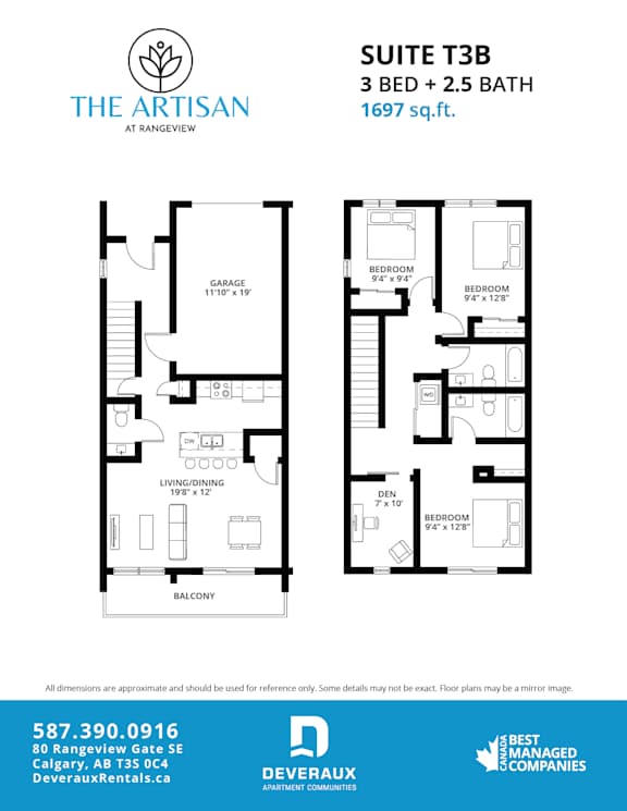 A floor plan for a suite at The Artisan at Rangeview, showing a 3 bedroom, 2.5 bathroom layout.