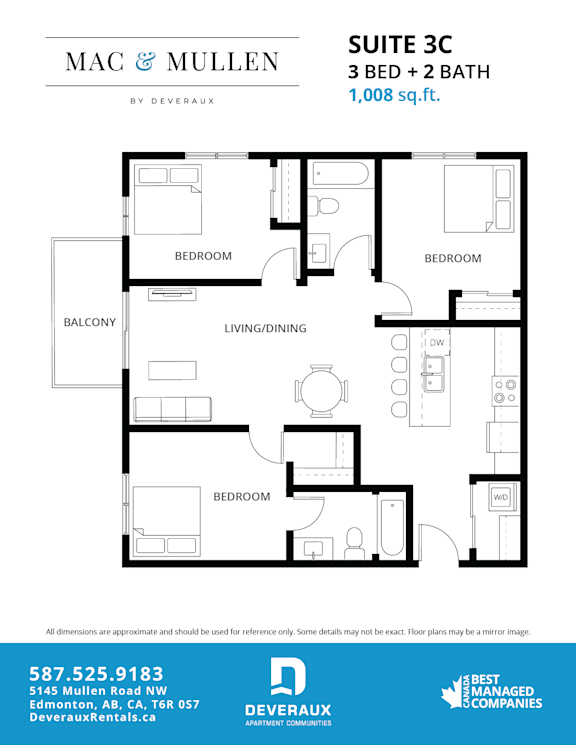 A floor plan for a 3 bedroom and 2 bathroom suite.