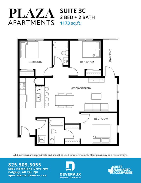 Suite 3c floor plan 3 bed 2 bath at Plaza Apartments, Calgary, T2L 2M8