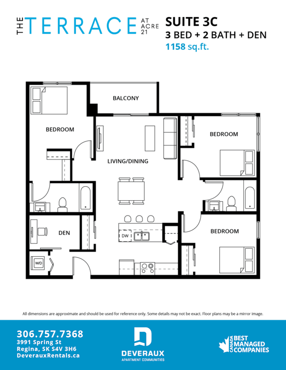 A floor plan for a suite with three bedrooms, two bathrooms, and a den.