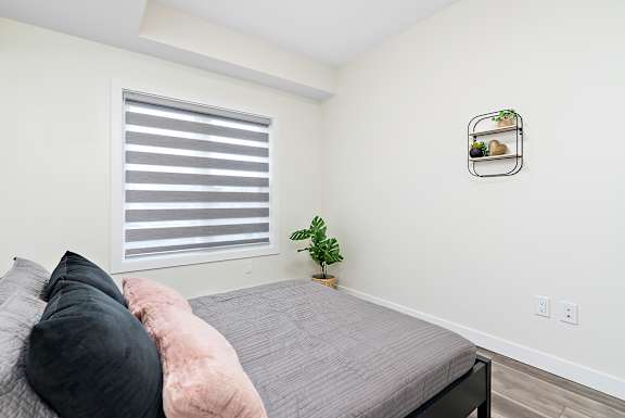 A bedroom with a bed, pillows, a plant, and a picture frame on the wall.