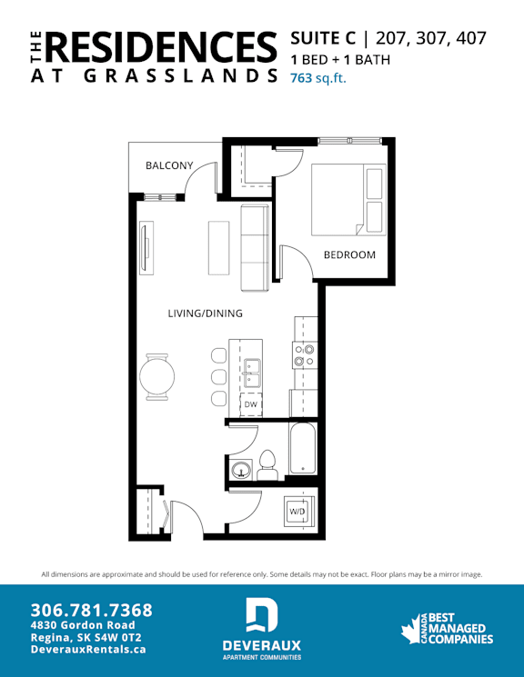a floor plan of a 1 bedroom unit at the residences at grasslands