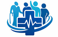 A graphic of a medical cross with a heartbeat line and three human figures.