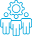 A blue icon depicting three people with a gear above them.