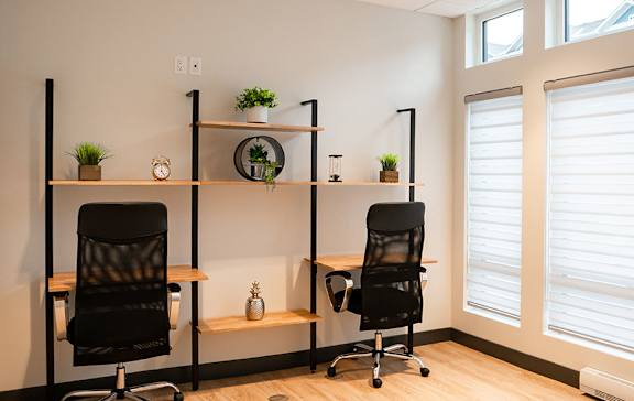 A room with two chairs, a desk, and shelves with plants.