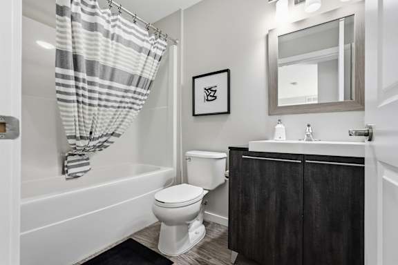 A bathroom with a toilet, sink, and shower curtain.