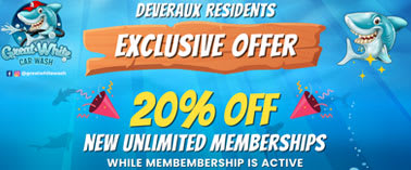 A promotional image offering 20% off new unlimited memberships for Deveraux residents.