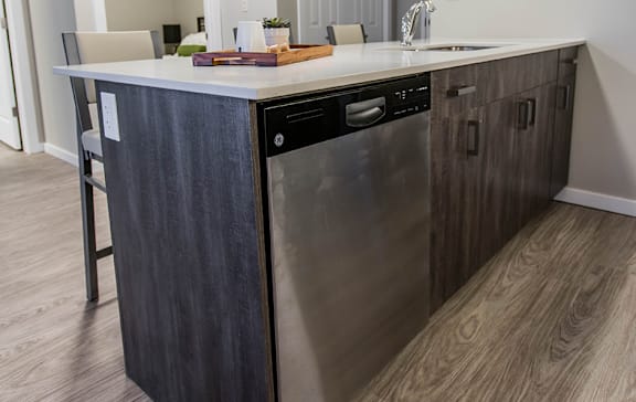 A modern kitchen with a wooden island and a stainless steel dishwasher.